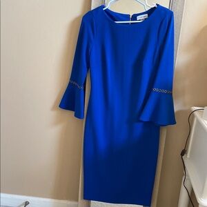 Calvin Klein Blue Knee-Length Sheath Dress with 3/4 Bell Sleeves
